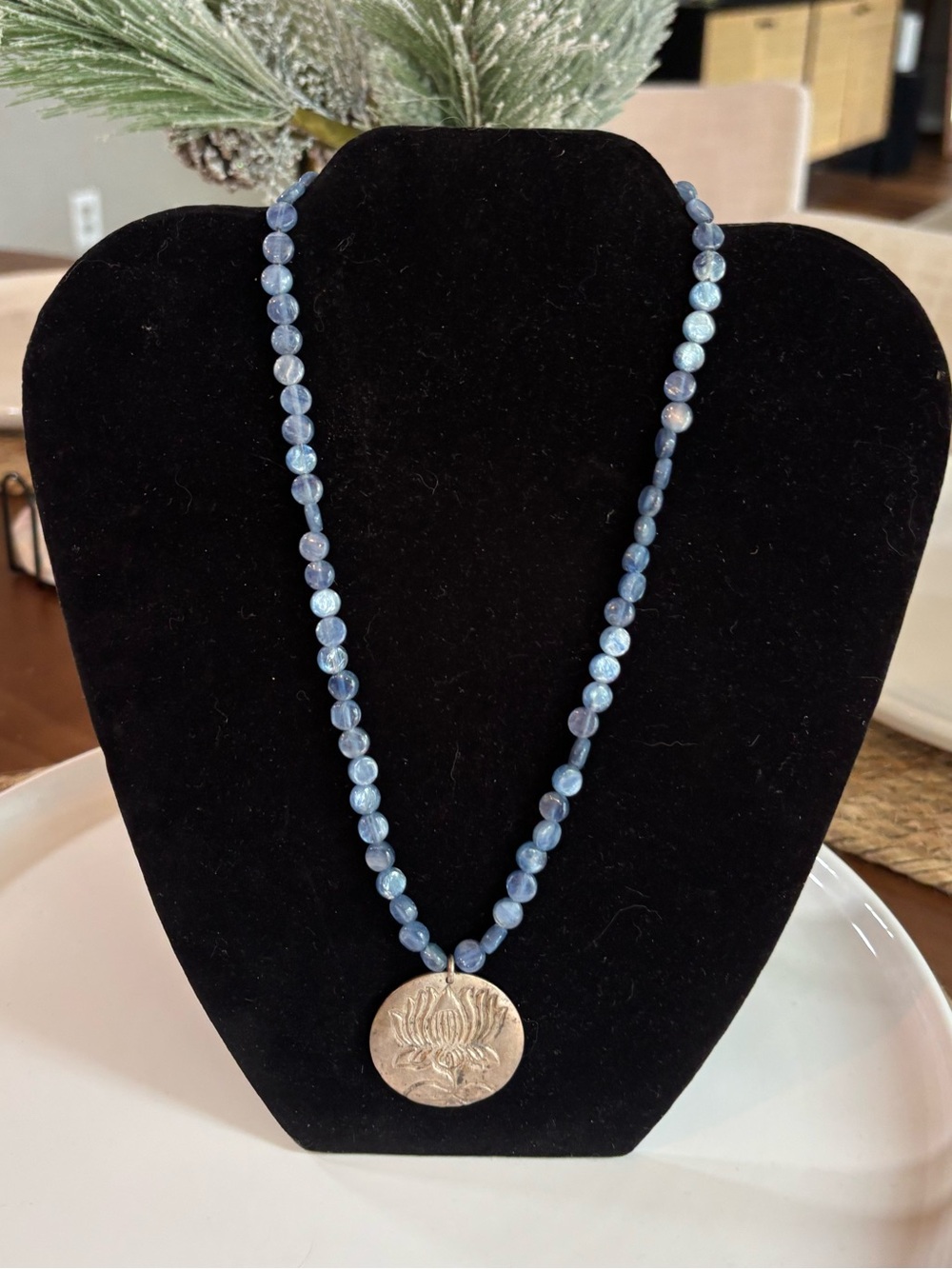 Signed LA 18" Sterling Silver Blue Gemstone Bead Lotus Flower Pendant Necklace